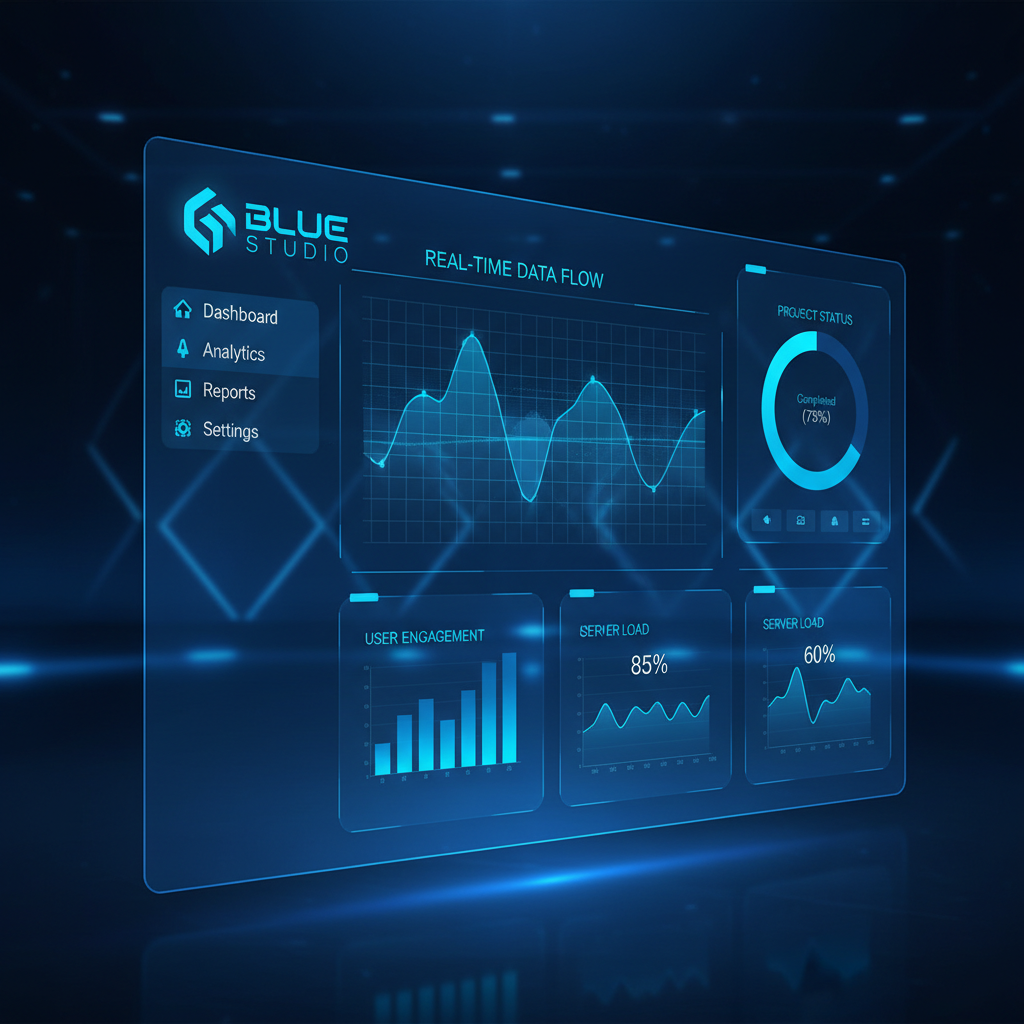 Real-time monitoring dashboard with alert notifications on dark interface, blue status indicators