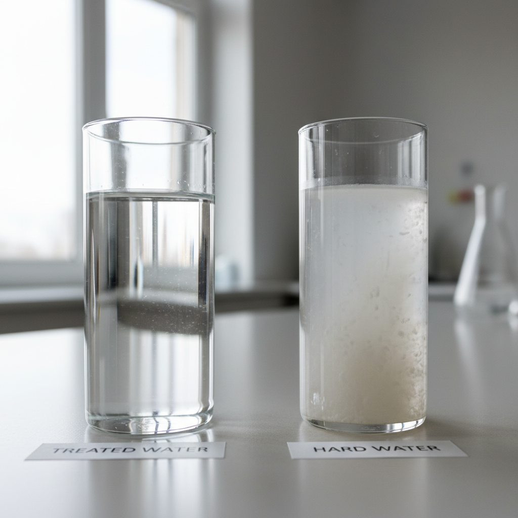 Two glasses of water side by side showing clear treated water versus cloudy hard water