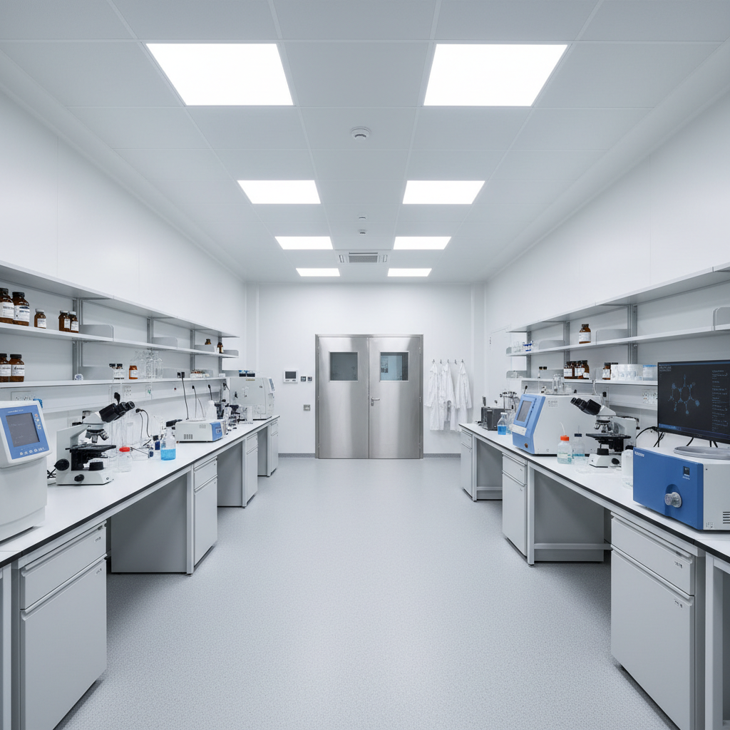 Bright modern university research laboratory with large windows, natural light, clean white surfaces and advanced equipment
