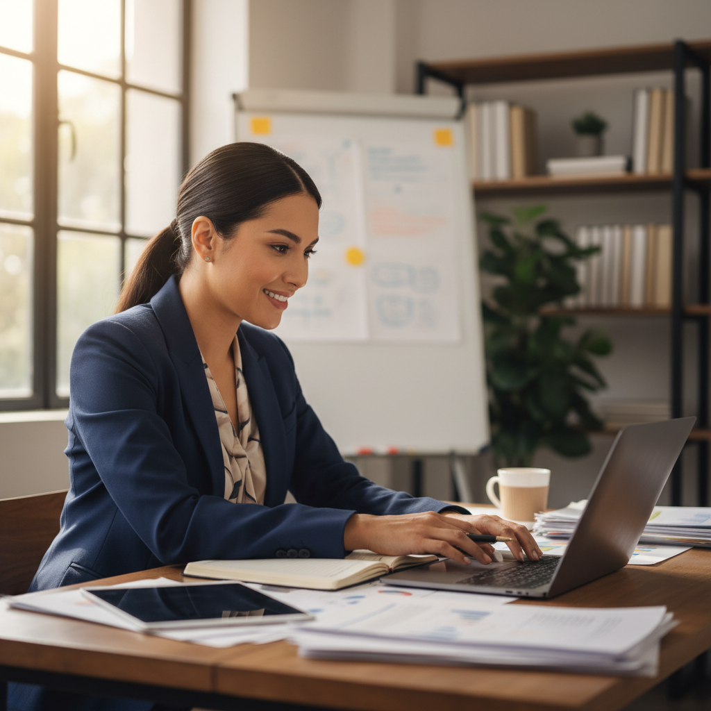 Professional woman speaking confidently during a coaching session