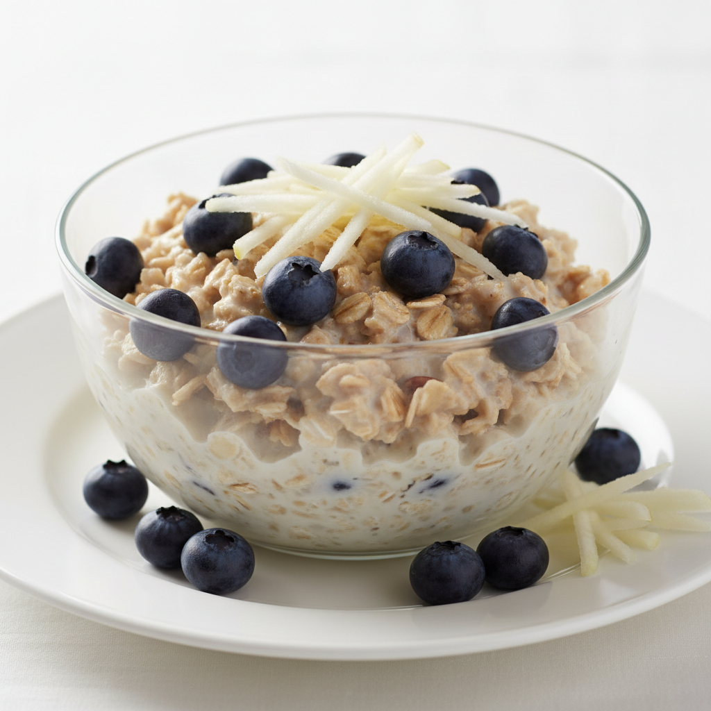 Swiss bircher muesli with soaked oats, apple, and yogurt