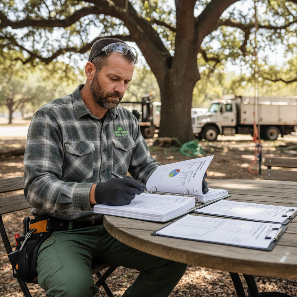 Professional arborist reviewing compliance documentation for commercial tree service