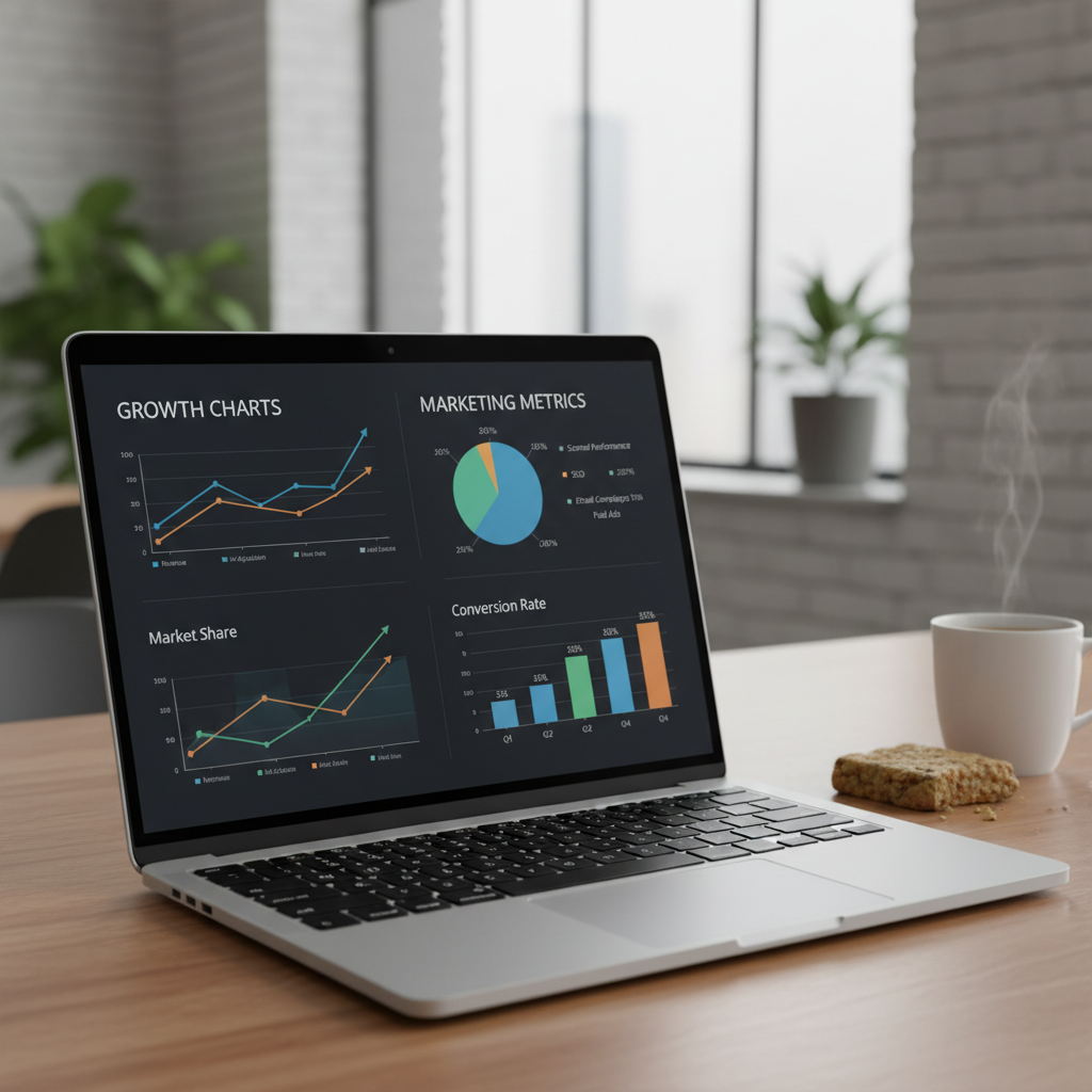 Business growth charts and brand materials on a bright clean desk in an airy office