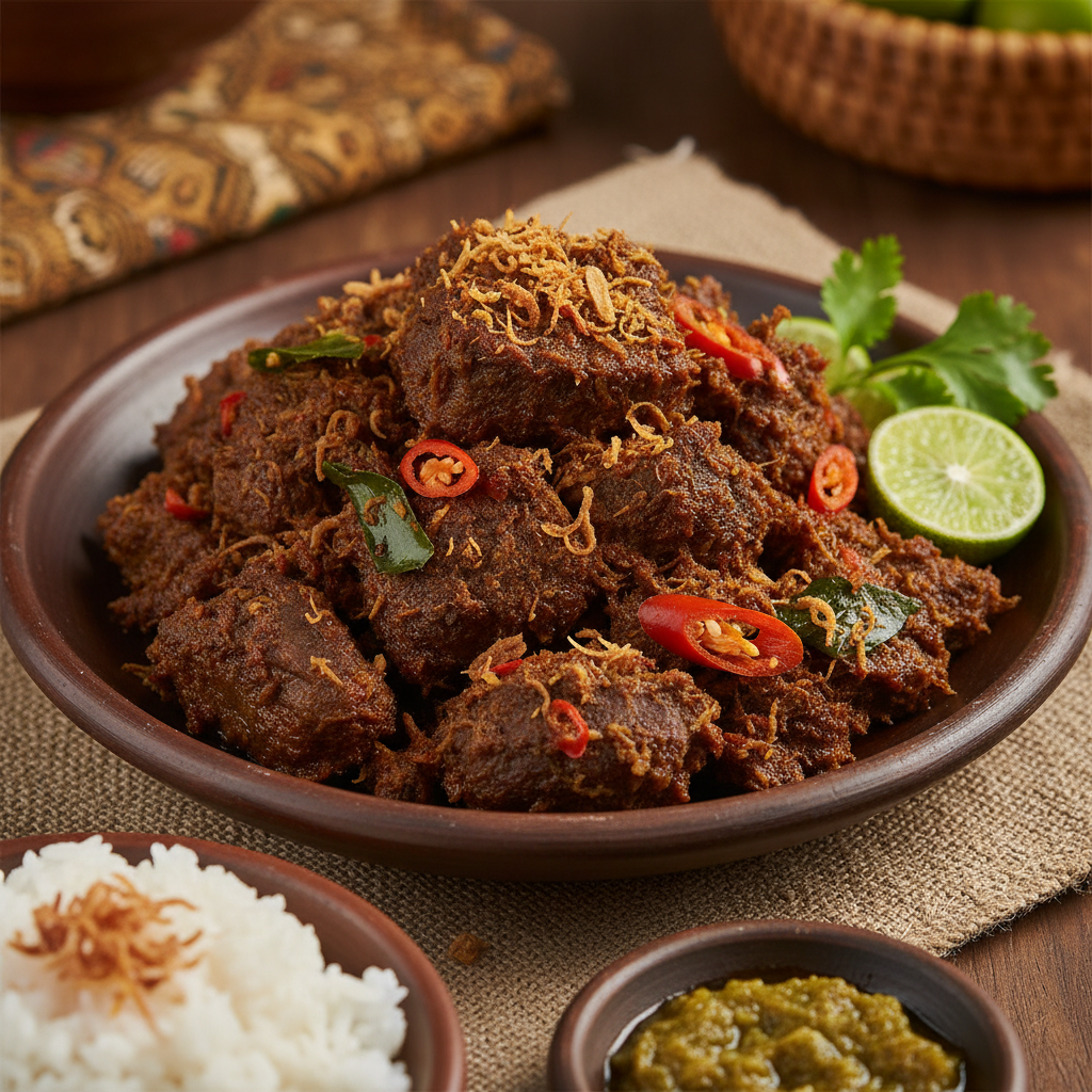 Single serving of rendang with white rice and sambal in a ceramic bowl