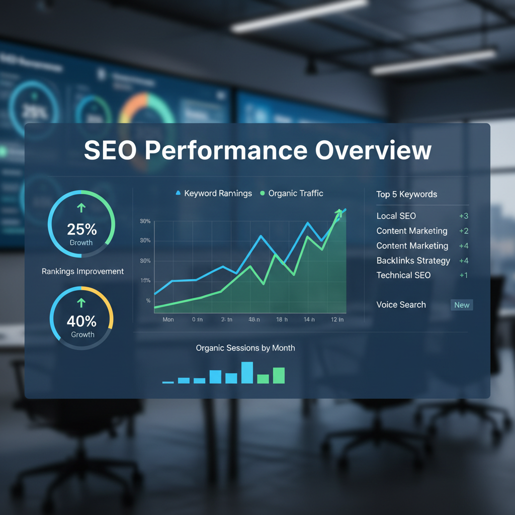 SEO analytics report on a laptop screen showing keyword rankings and organic traffic growth in a bright office
