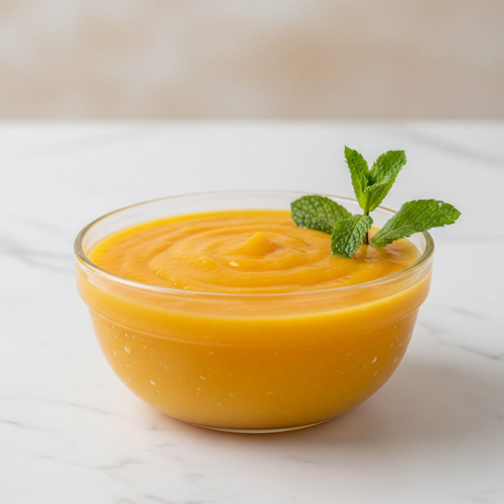 Bright orange mango ice cream with chilli flake garnish in ceramic bowl