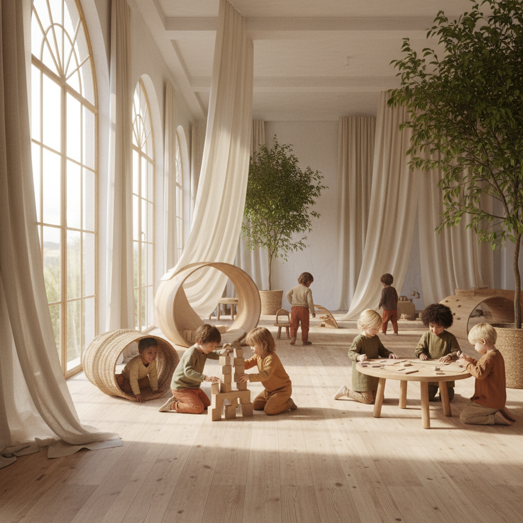 Bright playful children's fashion — colorful outfits, natural daylight, cheerful open setting