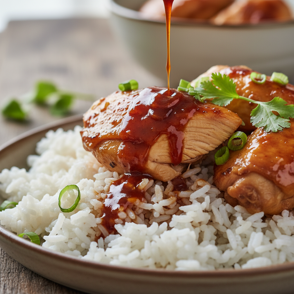 Close-up of sauce dripping over braised chicken on jasmine rice