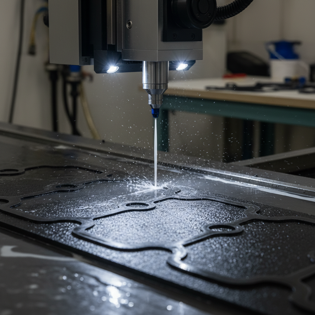 CNC waterjet cutting head tracing precise gasket profile from industrial sheet material, close-up with fine water jet visible