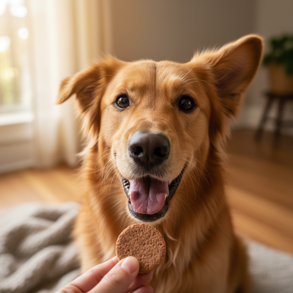 Happy dog being given a monthly flea prevention chewable treat