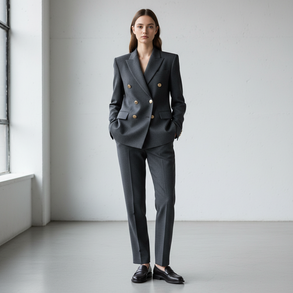 Menswear collection portrait, sharp tailored suit in charcoal grey, neutral background, even lighting