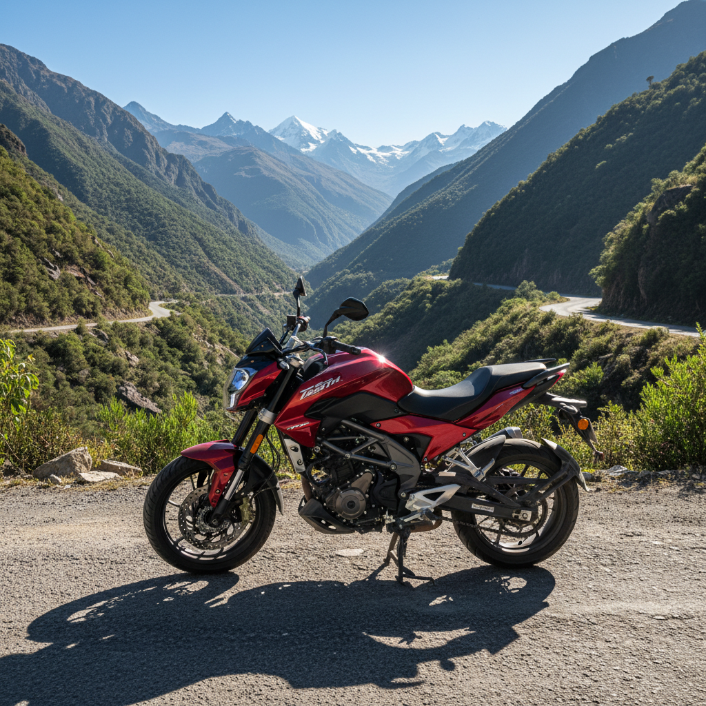 Bajaj Dominar 400 en carretera de montaña con paisaje andino ecuatoriano