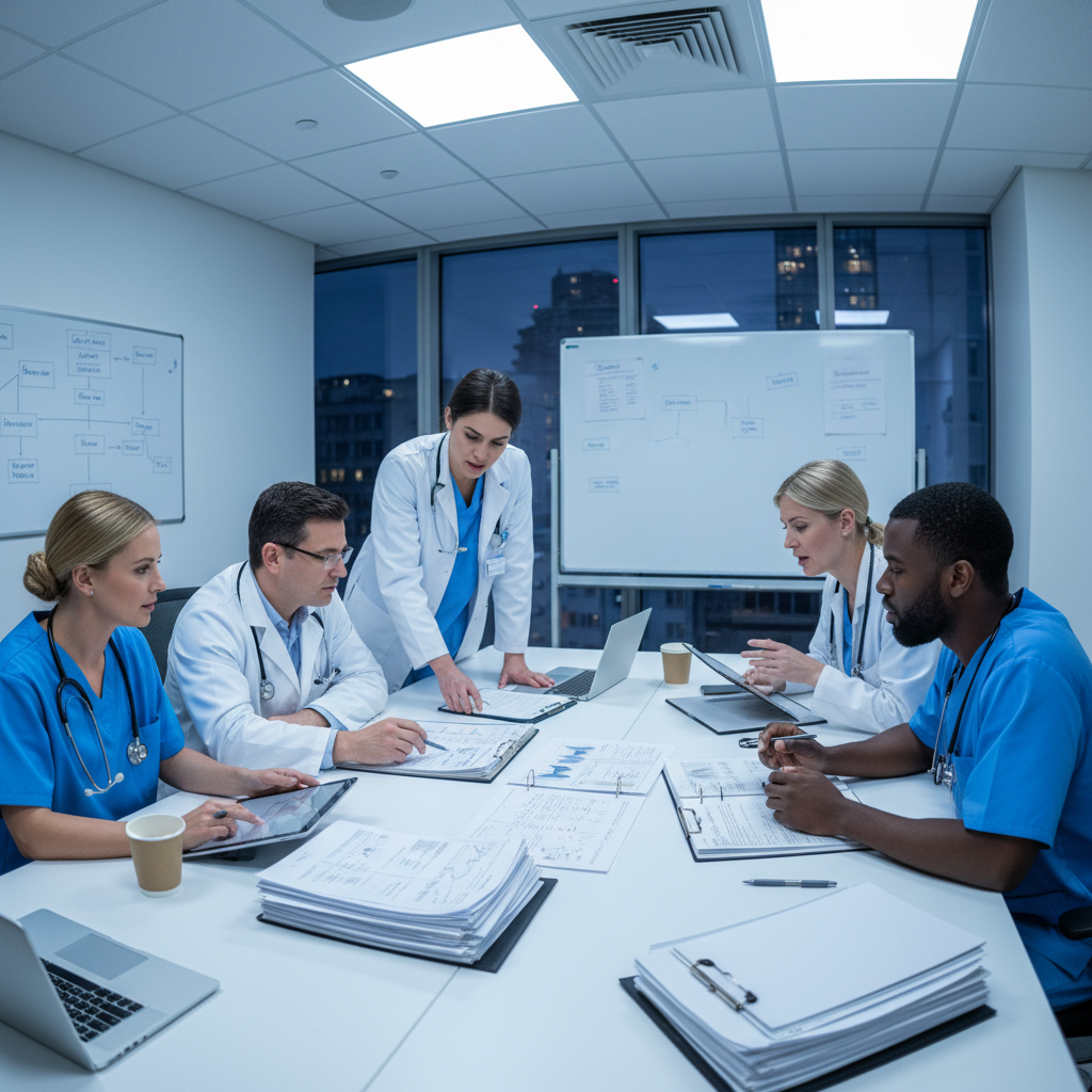 Medical professionals in a bright conference room reviewing patient records, collaborative healthcare team setting