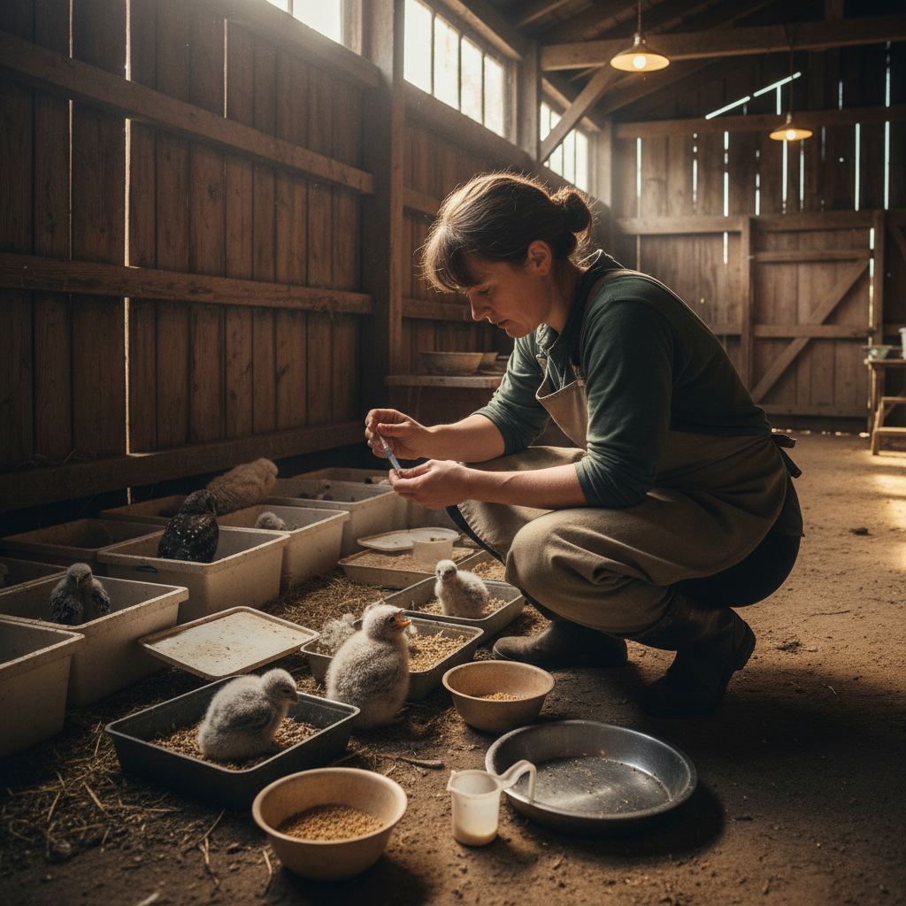 Staff member in dim barn light preparing morning feedings for juvenile birds at dawn