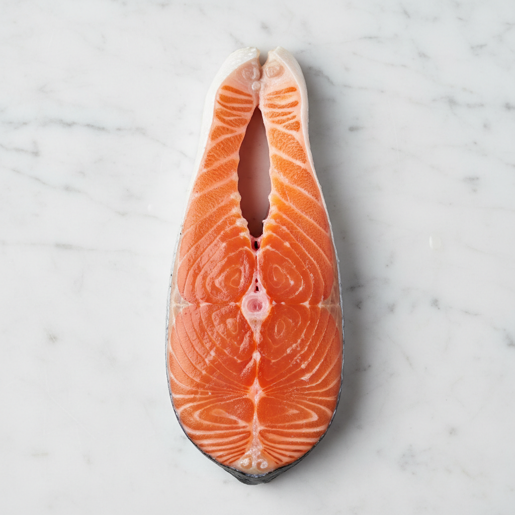 Raw salmon fillet with bright orange flesh and silver skin on white marble surface under studio lighting