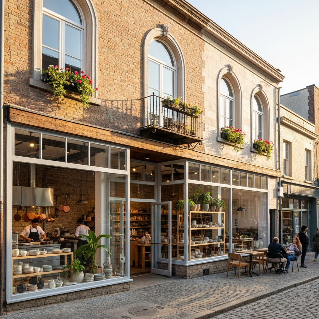 Storefront with residence above, large display windows and open kitchen