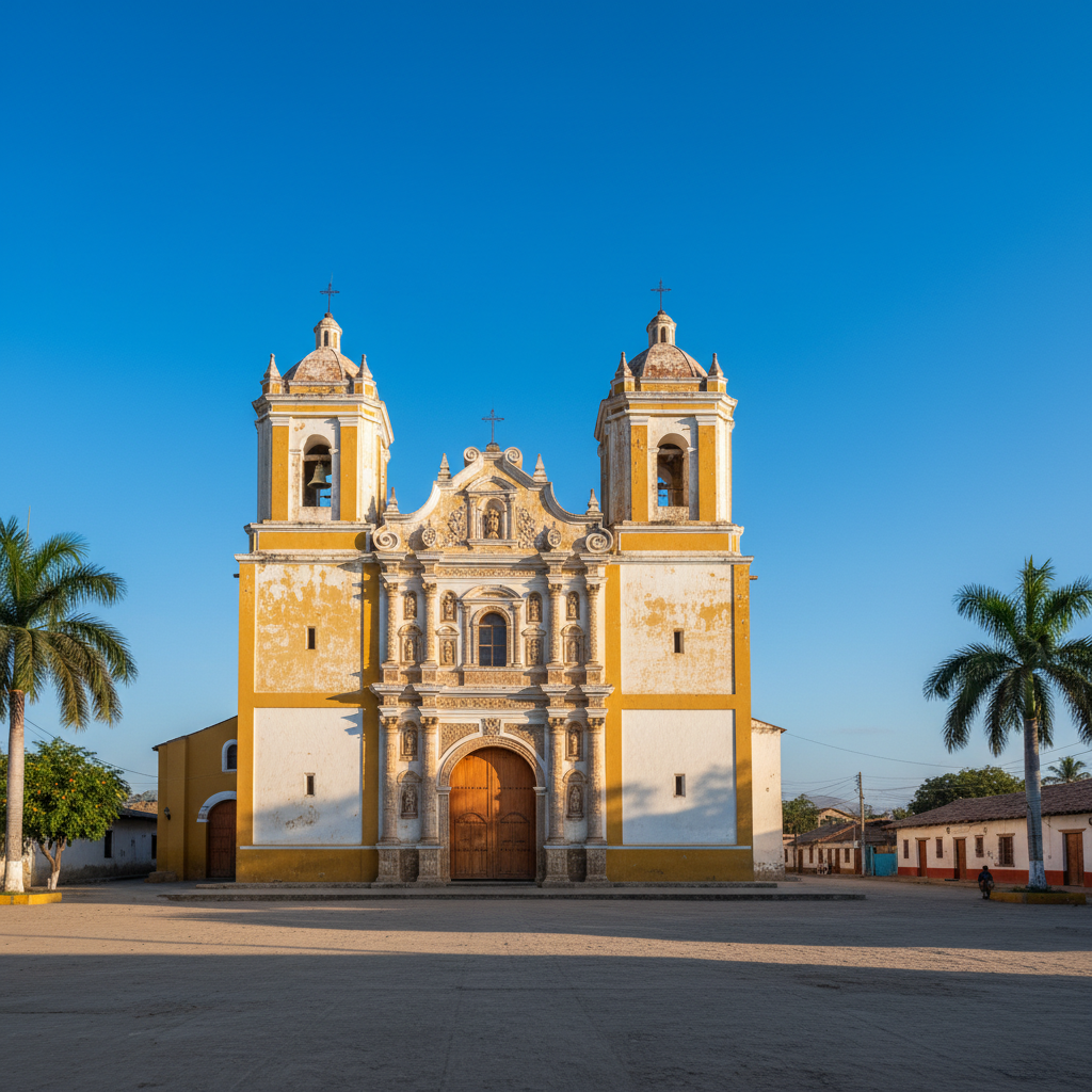White colonial church facade with ceramic tile decorations, bright daylight, clear blue sky background