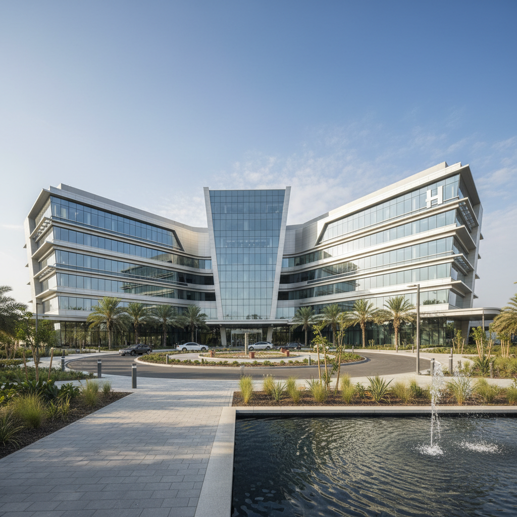 Gulf Coast hospital facility with palm trees and clear blue sky