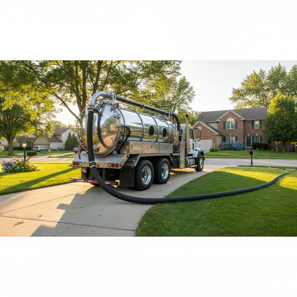 Pump vacuum truck parked on a Naperville suburban driveway at golden hour, service hose snaking across the lawn