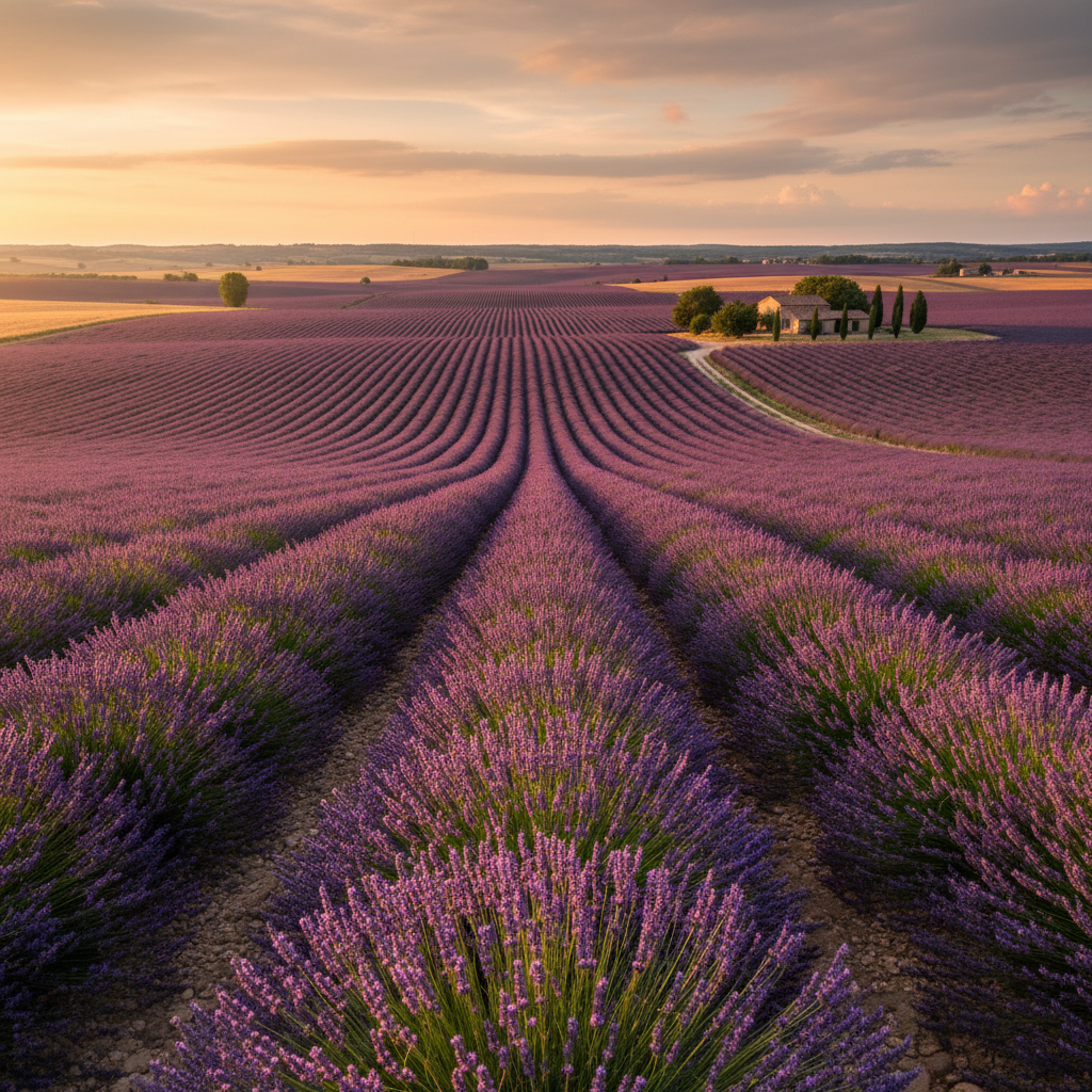 Lavender fields in full bloom stretching to the horizon in Provence France