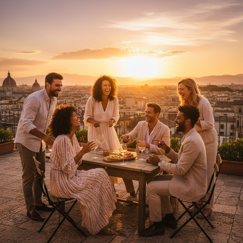 Group of young travelers laughing on a rooftop terrace at sunset, Mediterranean city skyline in background, golden hour light, social and joyful
