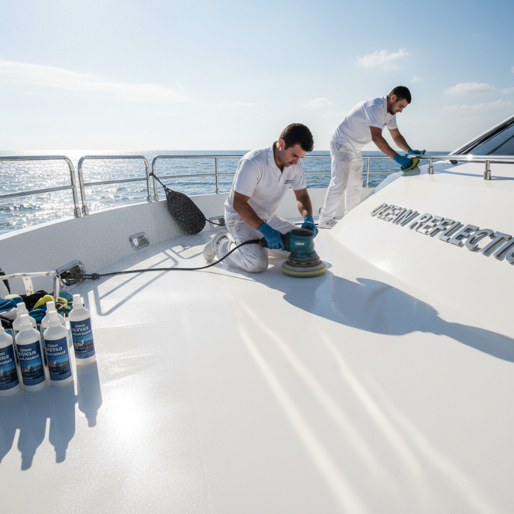 Gleaming yacht deck with polished brightwork and pristine surfaces after professional yacht detailing service