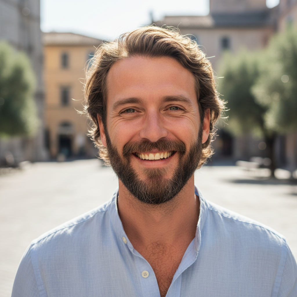 Uomo italiano con barba corta e sorriso amichevole, fotografo di viaggio