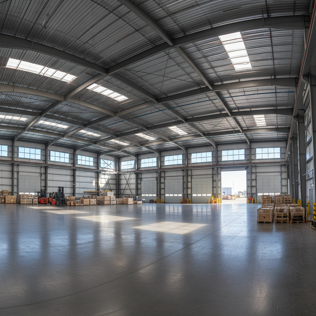 Large industrial warehouse interior with high ceilings and loading dock equipment