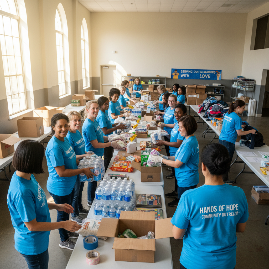 Volunteers in matching t-shirts packing food boxes at a community outreach event organized by the church