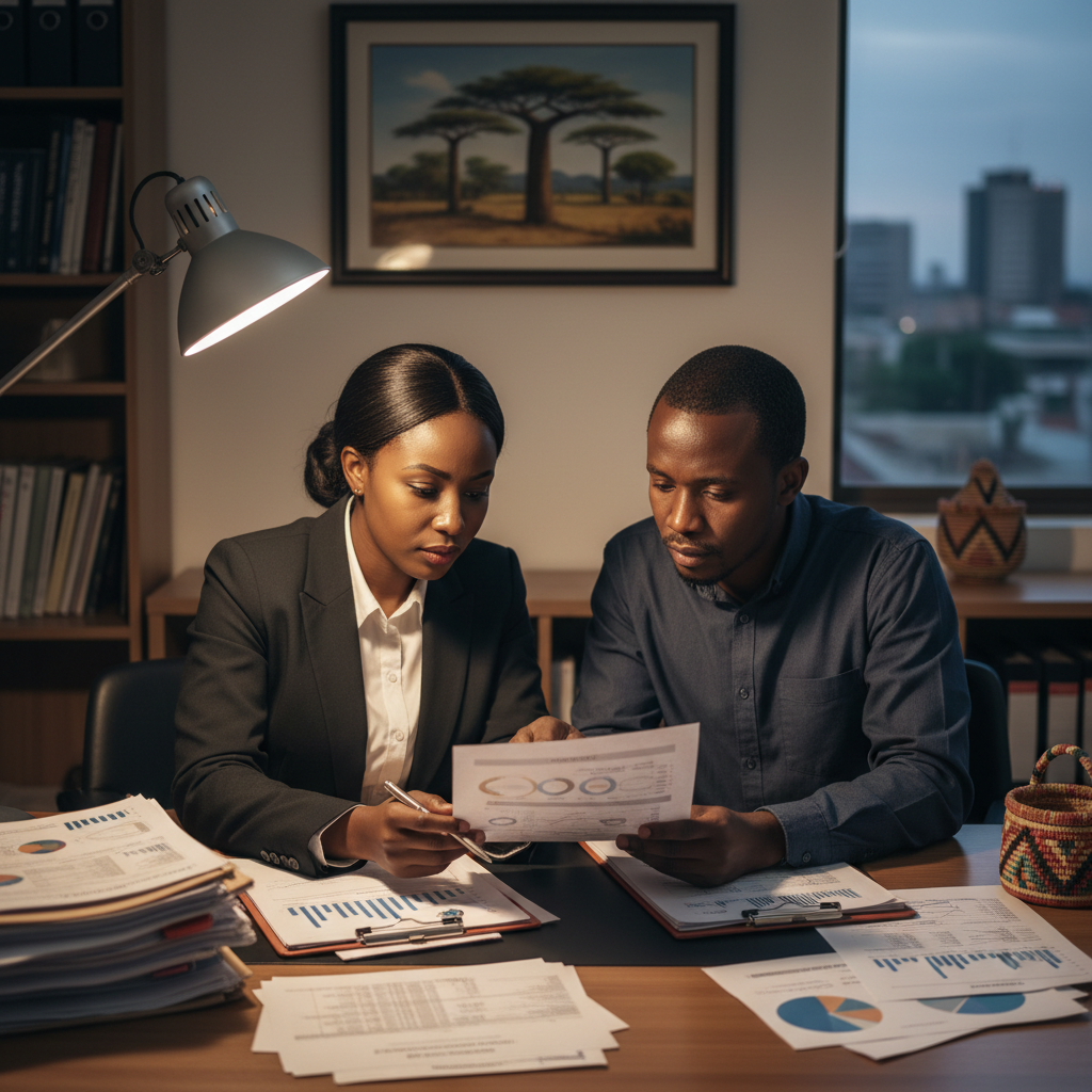Professional document review on dark desk, golden light from desk lamp, atmospheric shadows