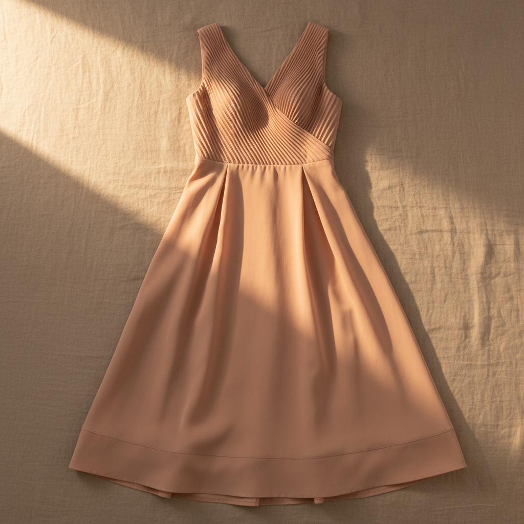 Warm blush midi bridesmaid dress with pleated bodice and structured midi hem