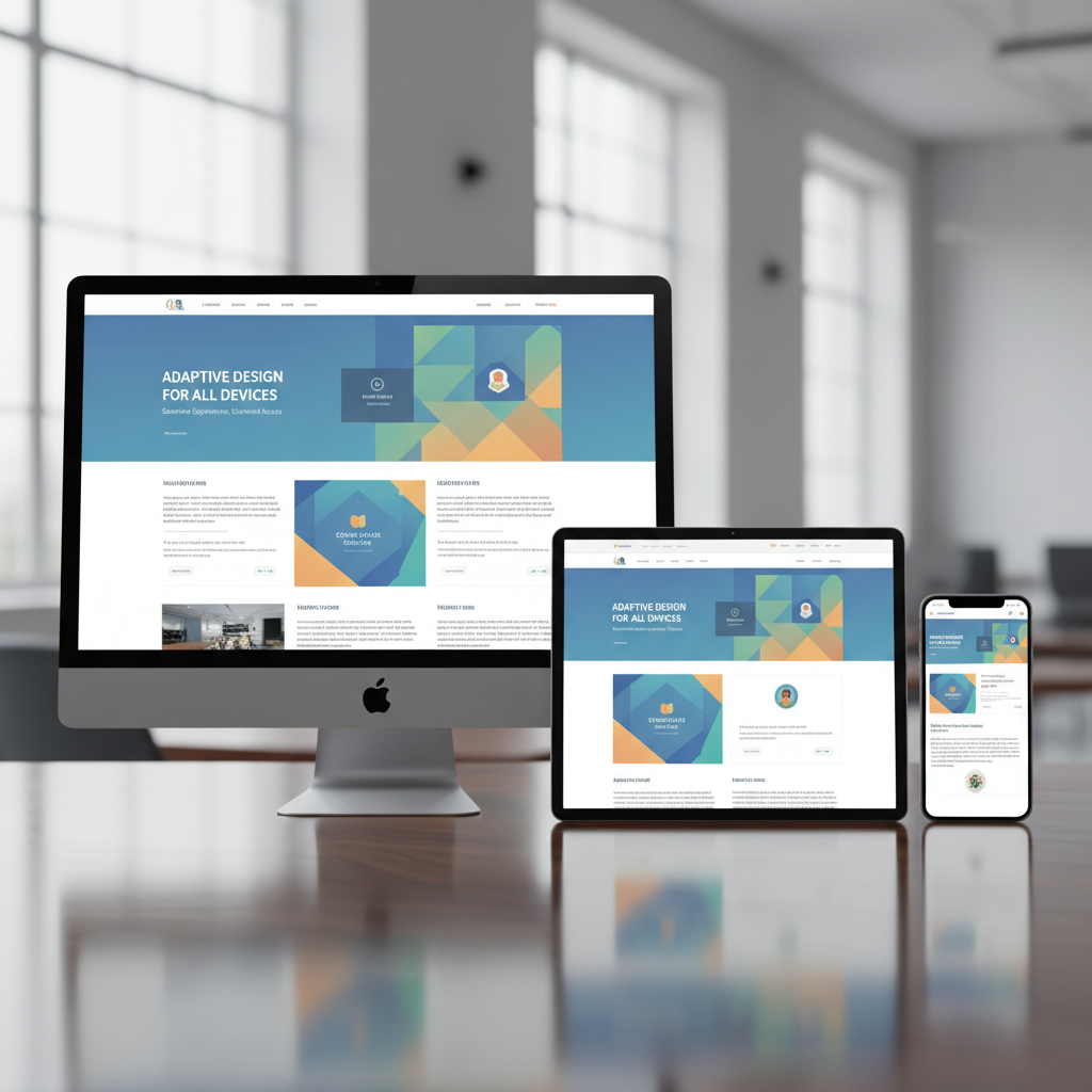Mobile and desktop website preview on clean white desk, daylight office setting