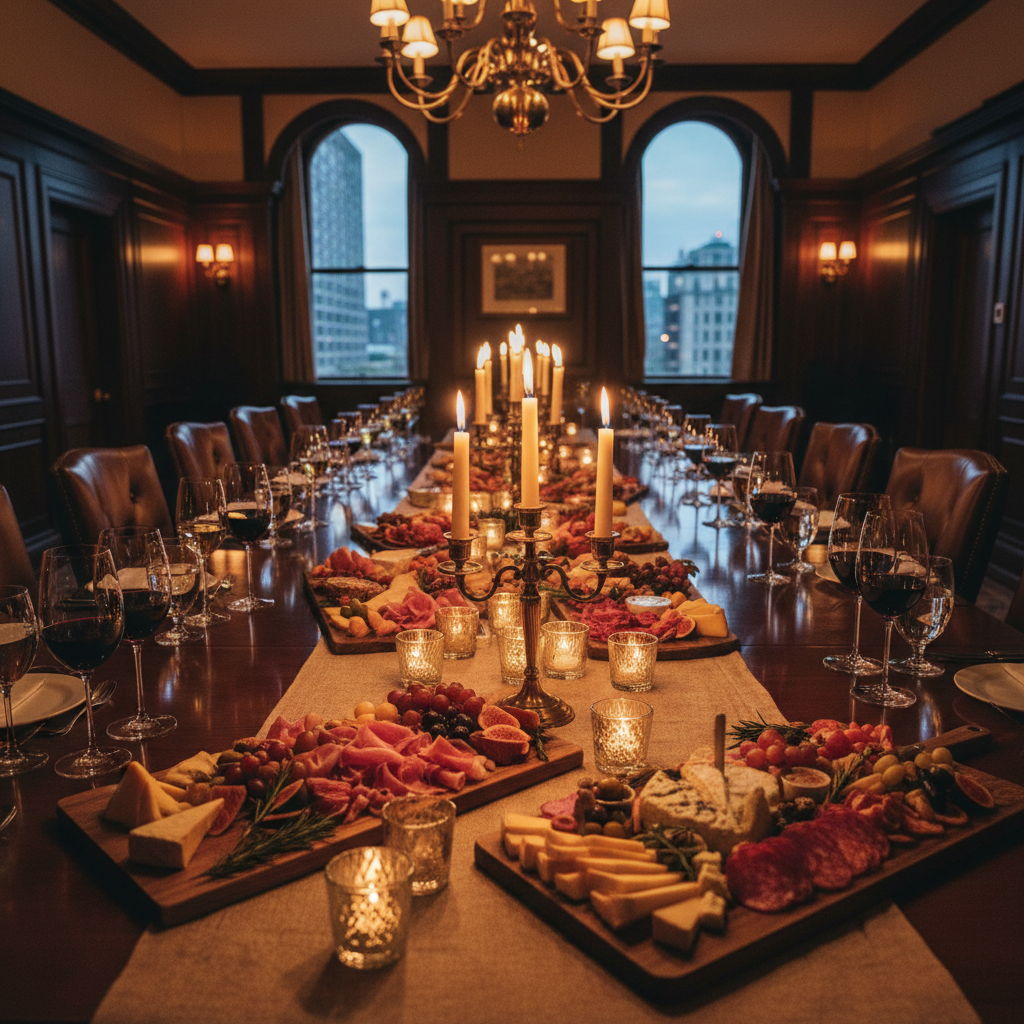 Corporate catering spread on conference table, dark boardroom, low ambient lighting, deep professional shadows