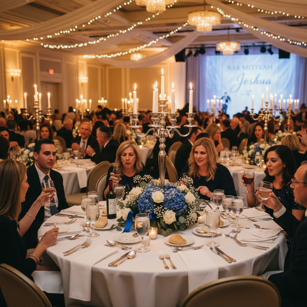 Intimate bar mitzvah dinner reception with white linen tablecloths, silver candelabras, blue and white floral centerpieces, warm candlelit dining room