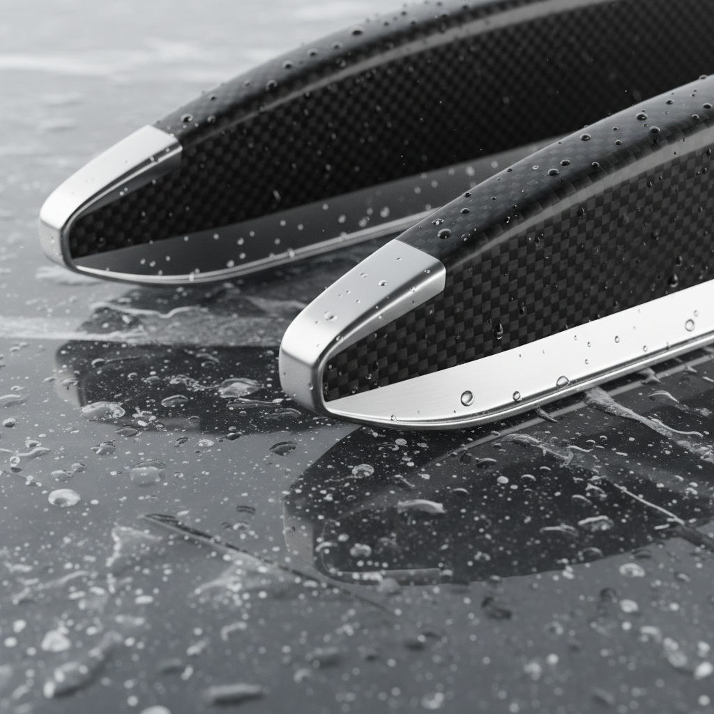 Carbon fiber bobsled runners with polished steel contact edge, close-up on ice-slicked surface