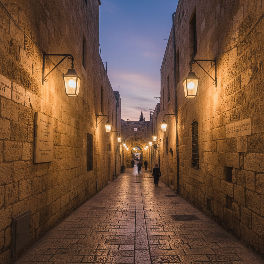 Golden-lit stone alleyways of Jerusalem Old City at dusk with glowing lanterns and ancient walls