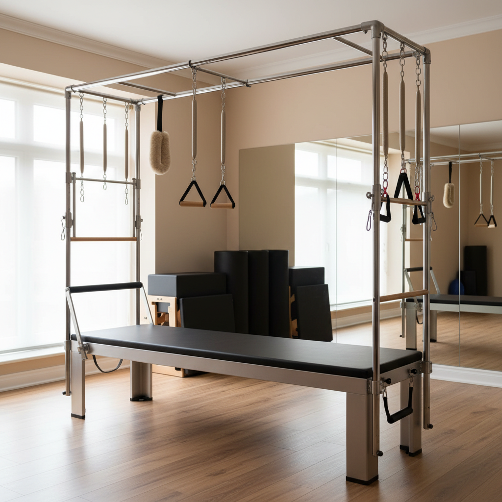 Full Pilates Cadillac tower with trapeze bar and spring attachments for advanced training