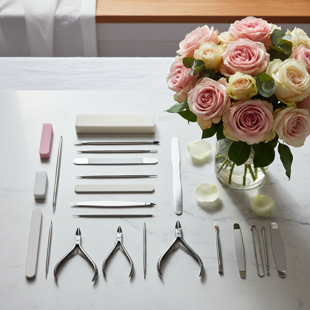 Overhead view of nail care tools arranged beside a vase of fresh roses