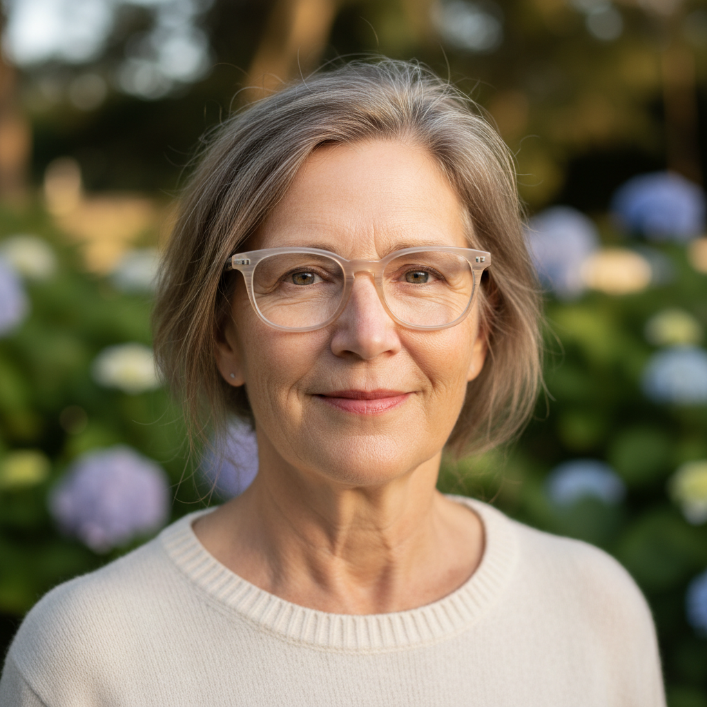 Woman in her sixties wearing Nantucket pale horn frames outdoors