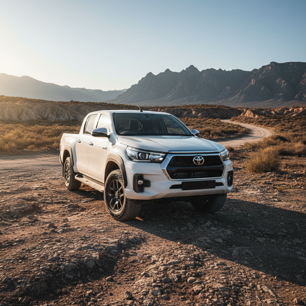 Silver Toyota Hilux bakkie on dirt road