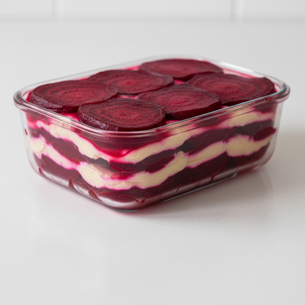 Layered roasted beet and cashew cream terrine cross-section