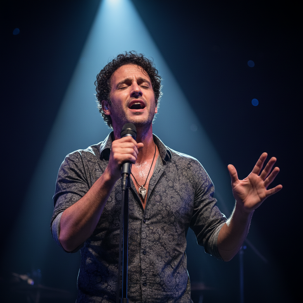 Young charismatic male singer performing passionately under warm stage spotlight