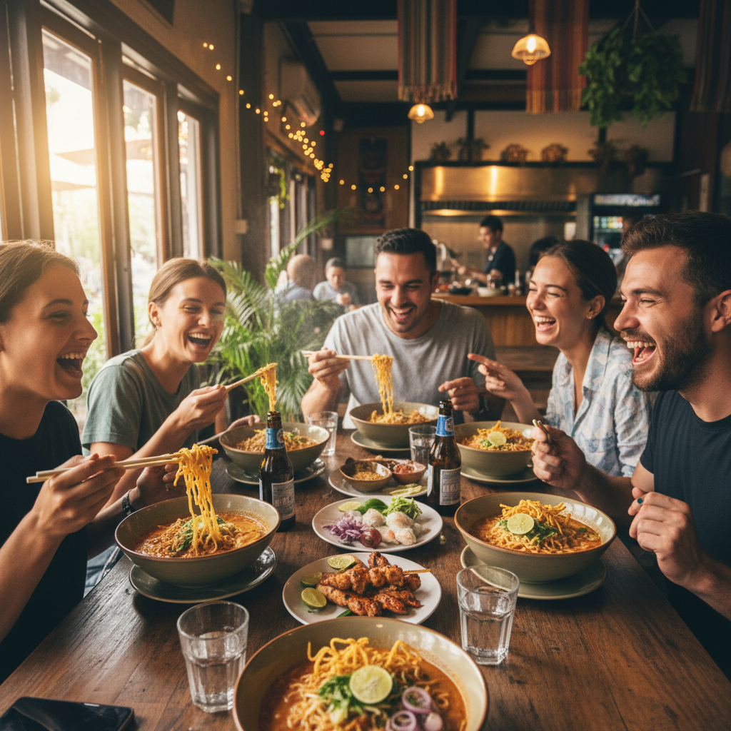 Laughing group of friends sharing Khao Soi noodles at a table
