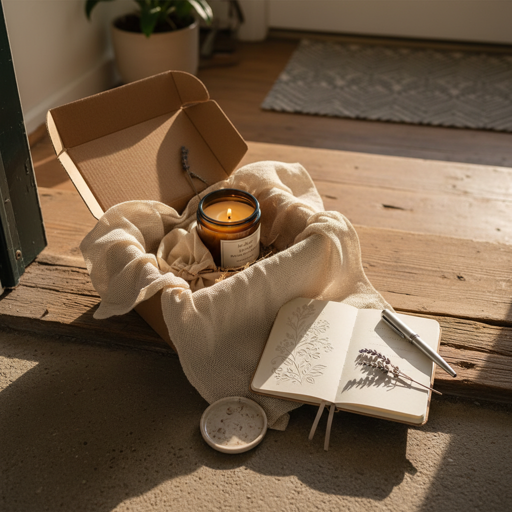 Beautifully packaged subscription box being opened, tissue paper, warm light, editorial photography