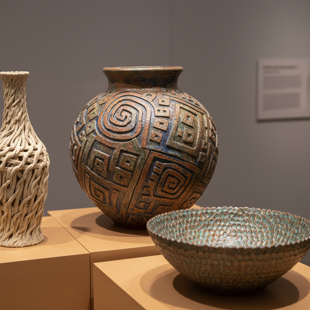 Ceramic vessels with intricate surface textures on display