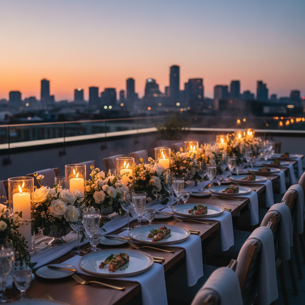 Intimate rooftop dinner party at dusk with London skyline, candlelit tables and well-dressed guests