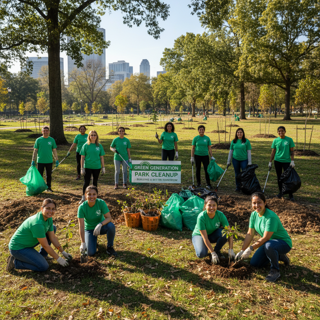 Volunteers in green shirts planting trees and cleaning park area in urban Bangalore neighborhood