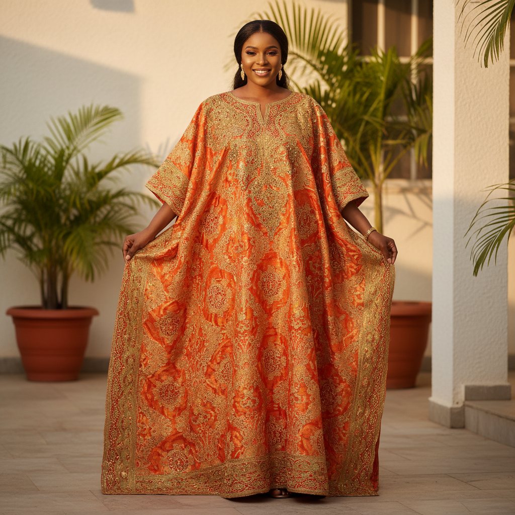 Woman in vibrant orange and black Ankara maxi dress with geometric print, full length, natural bright light