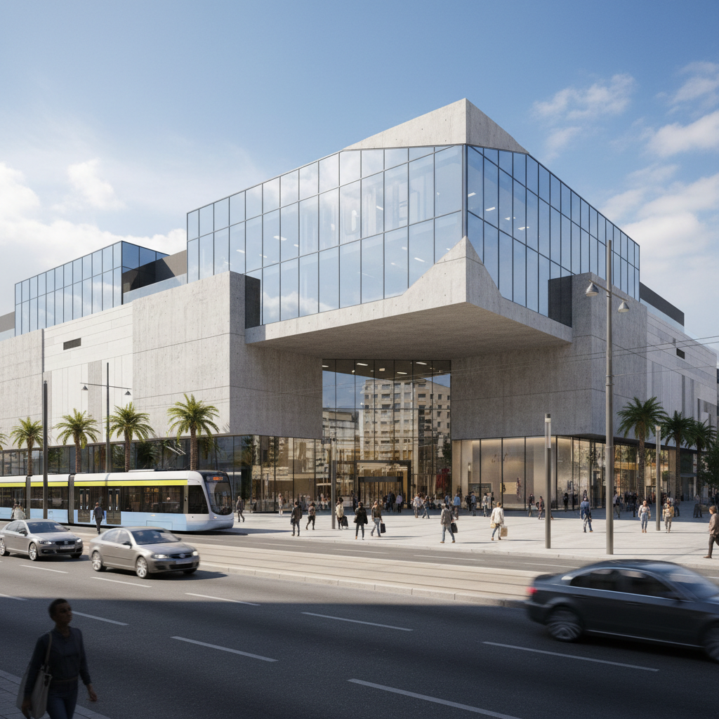 Moderno centro comercial con fachada de vidrio y acero en área urbana