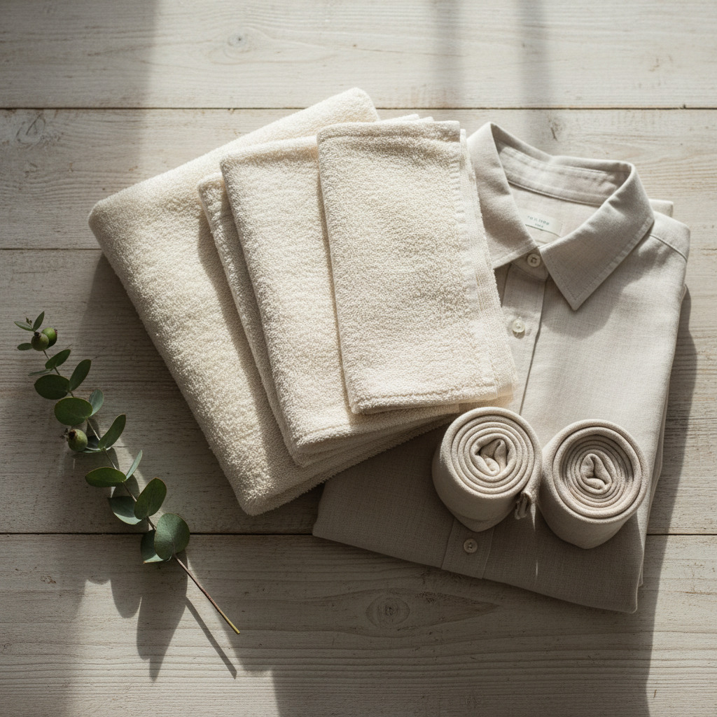 Neatly folded laundry in warm cream tones on a wooden surface with a small eucalyptus sprig